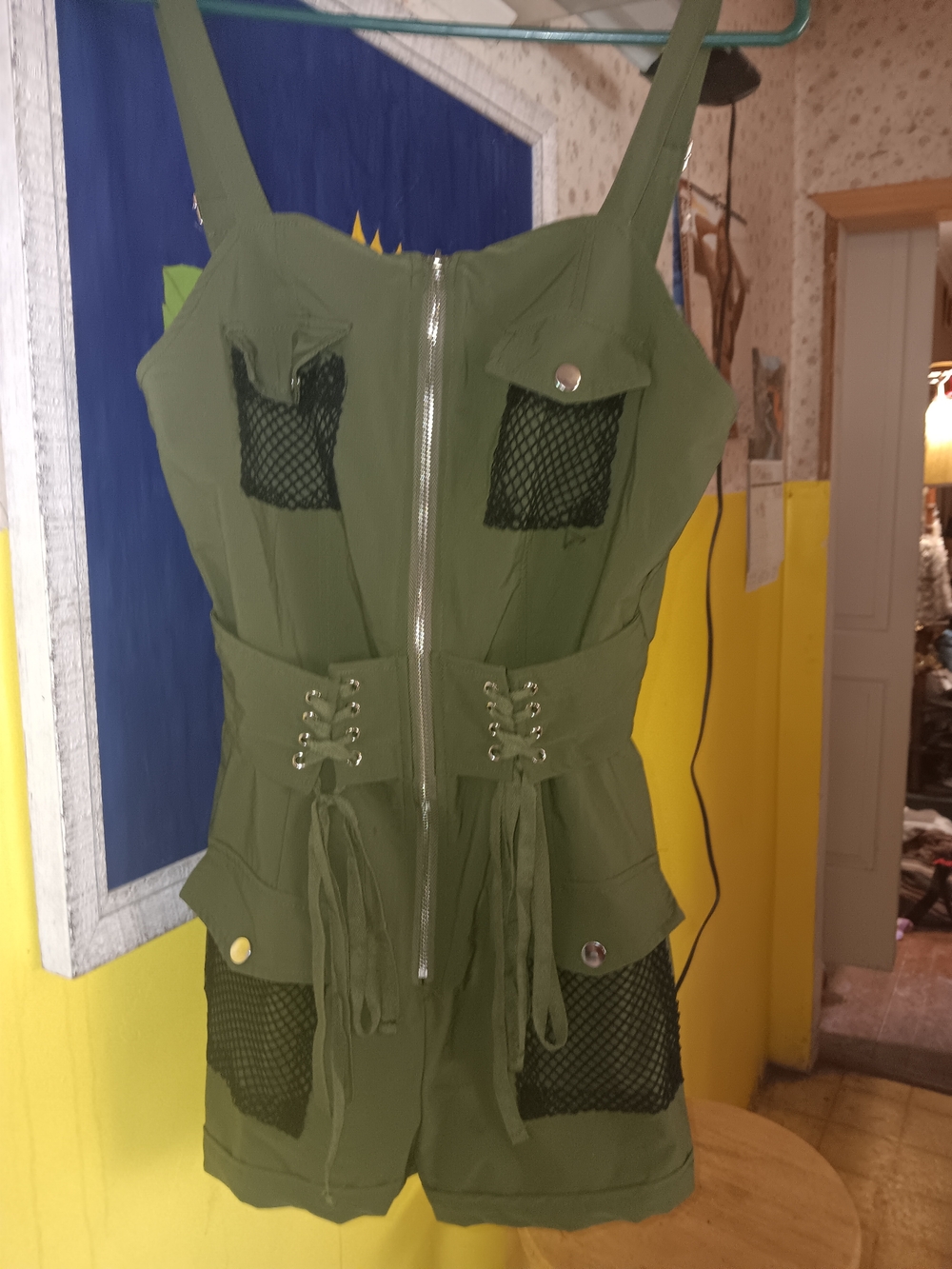 Olive Green Utility Romper with Mesh Pockets. M